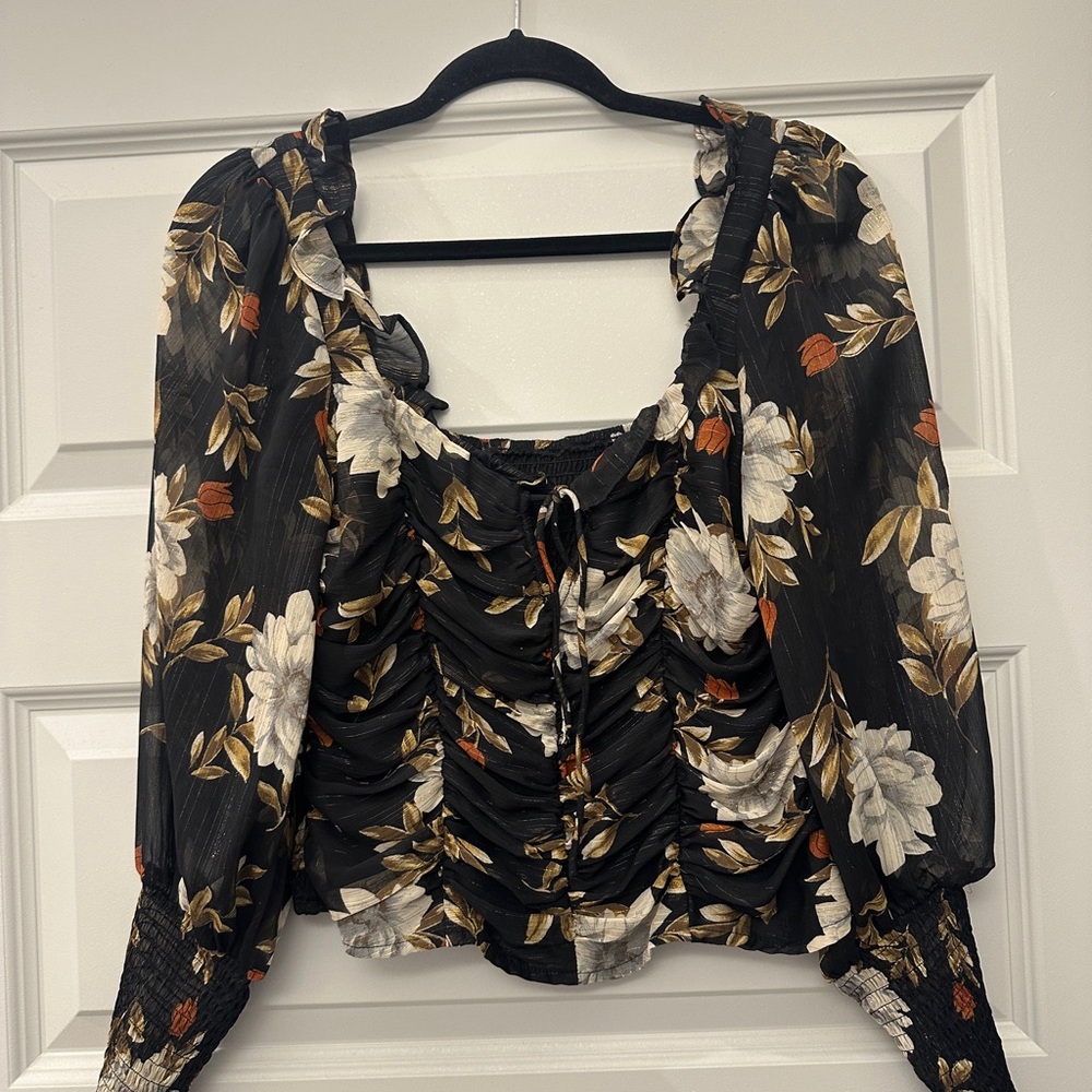 Astr Black Floral Ruched Blouse